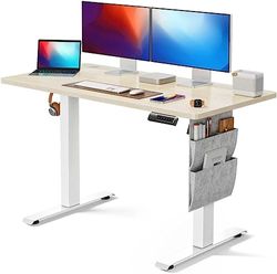 Marsail Staande bureau in hoogte verstelbaar, elektrisch sta-bureau met Staragetas, staand bureau voor thuiskantoor, computerbureau, vooraf ingestelde geheugen met hoofdtelefoonhaak, beige, 120 x 60