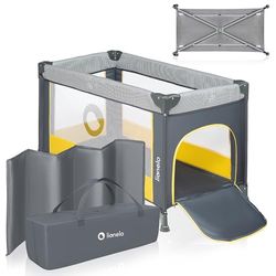 LIONELO Stefi Resesäng och Spjälsäng för Baby (0–36 mån/upp till 15 kg), 126×67 cm, Hopfällbar med Mjuk Madrass och Transportväska, Sidoingång, Ventilerande Nätväggar, Hjul med Broms, Lemon