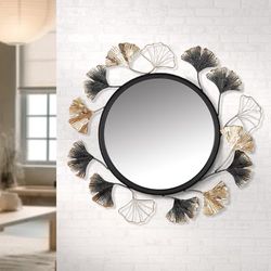 Pack of 2 Mirror, round, Ginkgo motif, Metal, black, PU 2, L. 2 cm, D. 47 cm