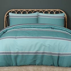 Sleepdown Duvet Cover Set - Teal - Geometric Banded Stripe - Reversible Quilt Cover Easy Care Bed Linen Soft Cosy Bedding Sets with Pillowcases - Double (200cm x 200cm)