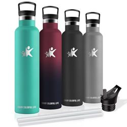 Borraccia Termica 1 litro, Borraccia, Senza BPA, Borraccia con Cannuccia, Senza Perdite, Borraccia Acciaio Inox, Acciaio Inossidabile 18/8, Borraccia Metallo per Campeggio, Viaggio, Fitness, Yoga