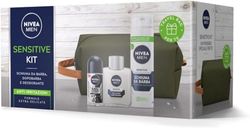 NIVEA Men Sensitive Kit, Confezione Regalo Uomo Con Schiuma Da Barba Da 200 Ml, Balsamo Dopobarba Da 100 Ml E Deo Roll-On Da 50 Ml, Set Skincare Uomo Pelli Sensibili Con Pochette In Omaggio