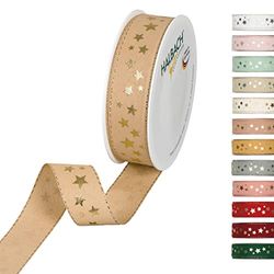 Halbach Seidenbänder étoiles Ruban Cadeau de Noël, Polyester, Naturel, 25 mm x 18 m