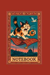 Tricolor Cat on Flying Carpet 6x9” Notebook, 120 Gray Lined Pages: Corner Illustrated Note for daily journaling, notes, or as a gift for cat lovers