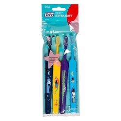 TePe Kids Select Compact x-Soft Conjunto de 4 escovas manuais para crianças a partir dos 3 anos, escova de dentes extra macia, escova de dentes com desenhos em cores variadas