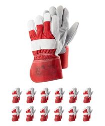 RS HEAVY Gants de montage en croûte de cuir de vachette renforcé/Taille 11, 12 paires/Blanc/rouge/Gants de travail en cuir/Gants de protection