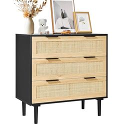 VEVOR Commode en rotin à 3 tiroirs, meuble de rangement style bohème, organisateur de vêtements et rangement en bois moderne, armoire avec poignées et pieds robustes pour chambre, salon, couloir, noir