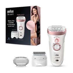 Braun Silk-épil 9 Épilateur Électrique Femme, Tête De Rasage Et Tondeuse Blanc/Or Rose, Technologie De Pincettes Micro-Grip, Accessoire Massage Haute Fréquence, Wet& Dry, 9-720