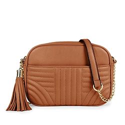 EVVE Bolso bandolera acolchado para mujer – elegante bolsa para cámara con borla, ligero tamaño mediano, Bronceado, Talla única