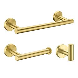 Nolimas Juego de 3 piezas de accesorios de baño de acero inoxidable SUS304 de color dorado cepillado, montado en la pared, incluye barra de toalla de mano de 12 pulgadas, soporte para papel higiénico,