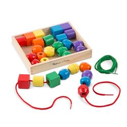 Melissa & Doug - Juego de Cuentas Primarias para Atar, Juego de Enhebrar/ensartar Cuentas de Madera de Colores con Hilo - 6073163 - Juguetes Niños 3 años + - Regalo Niño 3 años + - Montessori