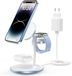 Mag-Safe Station de Charge inductive 3 en 1 pour Plusieurs appareils, Station de Charge Mag-Safe 15 W pour iPhone 15 14, iWatch Ultra 2/1/Series 9, AirPods, Bleu