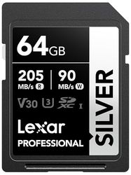 Lexar Silver Carte SD 64Go, UHS-I Carte SDXC Jusqu'à 205 Mo/s en Lecture, 90 Mo/s en écriture, V30, 4K UHD Video, U3, Classe 10, Carte Mémoire SDXC avec Lexar Lifetime Data Recovery