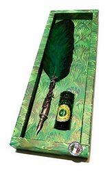 SET SCRITTURA PERSONALIZZABILE con piuma VERDE con puntale in peltro decorato in confezione regalo.