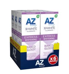 AZ Ricerca DENTIFRICIO 3D White Illuminate Express Whitening BIANCO GLOSSY, SBIANCA Rapidamente e PROTEGGE lo Smalto, RIMUOVE fino al 100% delle MACCHIE, Confezione da 6 (6x50ml), MENTA EUCALIPTO