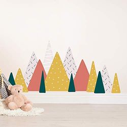 Kids Sticker Nursery Bedroom Wall Decor Characters Colorful Creatures Joyful Adventures Fun-Filled Colourful Mountains Landscape, Scandinavian Style, Yellow, Children Wall Sticker