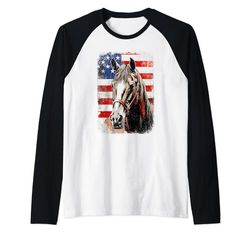 Patriotic Horse American Flag Horseback Riding Western Farm Maglia con Maniche Raglan