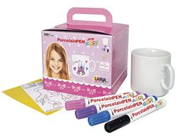 KREUL 16360 - PorcelainPen easy cup set meisjes, witte beker, 3 porseleinverfstiften, pen met fijne punt voor contouren, motiefsjabloon en kopieerpapier