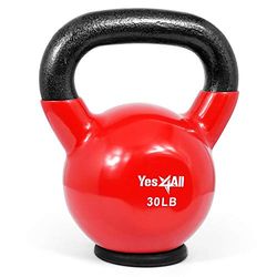 Yes4All K23E Vinyl gecoate gietijzeren kettlebell met beschermende rubberen basis, Kettle Bell Gewichten Set - Multicolor Kettlebells, Rood, 30 lbs