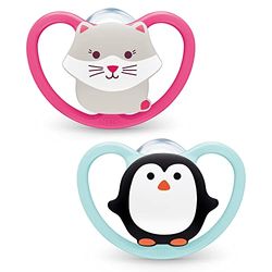NUK Space Chupeta, 18-36 meses | Chupetes com ventilação adicional para peles sensíveis, silicone sem BPA, gato/pinguim | 2 unidades
