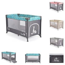 Moni Lit de Voyage Respirant Non Toxique Safari Avec Matelas, Entrée Latérale- Turquoise Gris