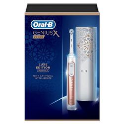 Oral-B Genius X Oral-B Genius X Luxe Edition con cepillo de dientes eléctrico de oro rosa, 3 cabezales de cepillo de dientes ultrafinos Sensi, sensor de presión de las encías, funda de viaje USB