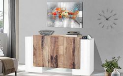 Dmora - Buffet Logan, Buffet de cuisine avec 5 portes, Buffet de salon, 100% Made in Italy, 170x45h85 cm, Blanc brillant et Érable
