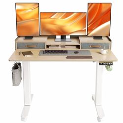 Morsut Elektrisch sta-bureau met laden en monitorstandaard 120x60 cm, in hoogte verstelbaar bureau op wielen, zit/sta computertafel met geheugenfunctie en botsingsbescherming, beige