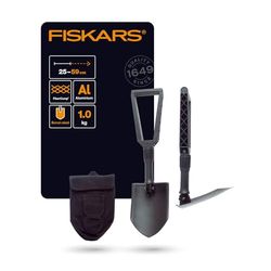 Fiskars Pelle pliable pour camping et alpinisme, 2 en 1 : pelle ou pioche, Housse en tissu incluse, Longueur : 59 cm, Acier au bore trempé, Noir, 1000621