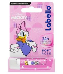 Labello Soft Rosé Disney Limited Edition 4.8 g, Balsamo labbra colorato con divertente design con Daisy Duck, Burrocacao bambini 3+ idratante fino a 24 ore, Burrocacao labbra senza oli minerali