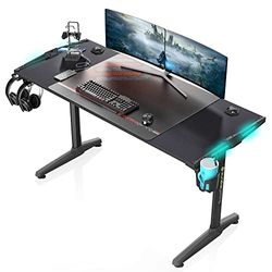 Eureka Ergonomic Gaming bureau, led, bureau, gamer, 148 x 60 cm, computerbureau, voor gaming, pc, met RGB-licht, gratis muismat, bekerhouder, hoofdtelefoonhaak