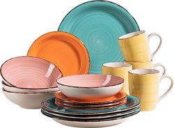 MÄSER 931498 Bel Tempo II - Vajilla de cerámica pintada a mano, 16 piezas, color turquesa, rosa, naranja, amarillo