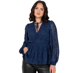Lovedrobe Dam blommig topp damblus lång ballong ärm V-hals peplum duk slips framsida smart ledig kontorskläder dam, marinblå, 50