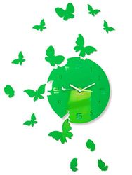 FLEXISTYLE Large Modern Wall Clock Butterfly Round 30 cm 15 Butterflies Living Room Bedroom Children's Room Product Made in the EU (Light Green)
