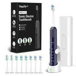 Brosse À Dents Électrique Sonique pour Adultes et Enfants - 5 Modes de Nettoyage, 3 Niveaux D'intensité, Minuterie Intégrée, 8 Têtes Incluses - Étui de Voyage - Bleu