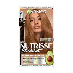 Garnier Nutrisse Blonde Lift Permanent Hair Dye, 100% Grey Coverage, 4 levels lift, No Ammonia, Vegan (Shade: UL1 Chestnut Blonde Lift)