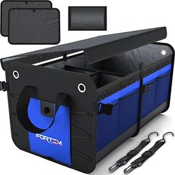 FORTEM Auto Organizer, SUV Kofferbak Organizer, Achterbak Organizer, Opvouwbare Organizer Auto met Vakken, Antislip Bodem, Verstelbare Bevestigingsriempjes, Opvouwbaar Deksel (2 Compartimenten, Blauw)