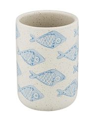 WENKO Vaso para cepillos de dientes «Aquamarin», soporte para cepillos de dientes, de alta calidad, para cepillo y pasta de dientes, de cerámica fina en blanco mate con paisaje marítimo en azul, pintado a mano, Ø 8 x 11 cm