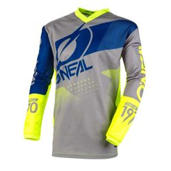 O'Neal | Jersey de Motocicleta | Bicicleta de montaña | Máxima Libertad de Movimiento, Protección Acolchada para los Codos | Jersey Element Factor | Adultos | Azul Gris Amarillo Neón | Talla M