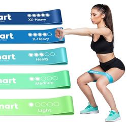 K-MART Set di 5 fasce di resistenza per uomini e donne, delicate sulla pelle, per fitness, esercizi, 5 livelli per gambe, glutei, braccia, pilates, ideali per casa, palestra, yoga (verde menta e blu)