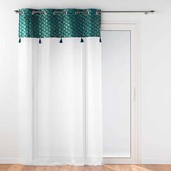 Douceur d'Intérieur, Evie Eyelet Curtain 140 x 280 cm Blue Sandblasted Curtain with Top Velour and Pompom