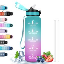Drinkfles, 1 liter, lekvrije fitnessfles, motiverende waterfles met tijdschaal, drinkfles met rietje, gemakkelijk te dragen, drinkfles voor sport, fitness, wandelen, fietsen