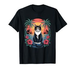 Tuxedo Cat Hawaiian Summer Tropical Beach Vacation Graphic Maglietta