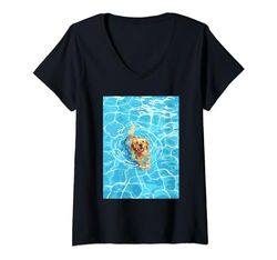 Mujer Divertido golden retriever en piscina agua natación lindo perro mamá papá Camiseta Cuello V