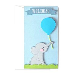 Welcome - elefantino - azzurro - palloncino - porta soldi - biglietto d'auguri (formato 21 x 11 cm) - vuoto all'interno, ideale per il tuo messaggio personale - realizzato interamente a mano.