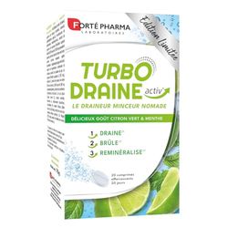 Forté Pharma - TurboDraine Activ' - Complément Alimentaire Minceur - Guarana, Calcium, Magnésium, Queue de cerise - Draineur, Brûleur de calories, Reminéralisant - 20 comprimés effervescents, 1/jour