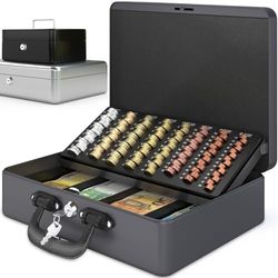 ACROPAQ Caisse monnaie grande professionelle - Grande espace pour les Billets et pièces, Avec monnayeur et 2 clés, Caisse plus épaisse, Poignée de transport robuste, 100% en sécurité - Gris