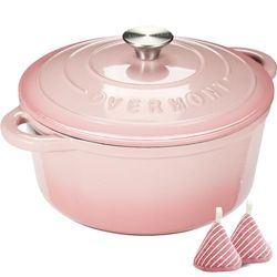 Overmont 28cm/6.6L Enamelled Cast Iron Round Casserole Pot With Lid Cookbook & Cotton Potholders - Non-stick Dutch Oven Cookware for Braising, Stews, Roasting, Bread Baking - Pink, 7QT