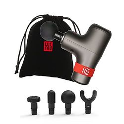Hi5 General Trillingsmassageapparaat, diepweefsel, massagepistool, massage-pistool voor afvallen na sport, nek, schouders, rug, ontspannen, rustig werking, 4 massagekopen-grijs met fluwelen zakje