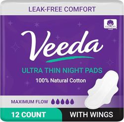 Veeda Ultra-Thin Absorbent Overnight Towels with 100% Natural Cotton Top Sheet are Always Chlorine and Fragrance Free, Hypoallergenic, Natural Cotton Sanitary Napkins, 12 Count